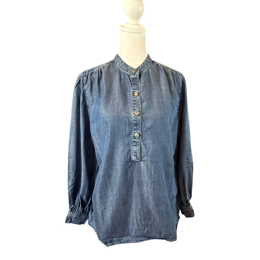 Chico's Popover Blouse Womens 0.5 S 8 Blue Lyocell Denim Look Mandarin Collar